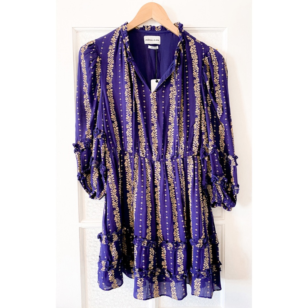 Valencia & Vine Emilie Sun Dress Gold Purple Large 3/4 Sleeves Ruffles Mini